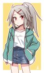  1girl ahoge border denim denim_shorts elena_trafalgar flat_chest grey_hair hair_ornament hairclip hand_in_pocket highres ikune_juugo jacket long_hair looking_at_viewer open_clothes original outside_border petite ponytail red_eyes shirt shorts simple_background solo white_border white_shirt yellow_background 