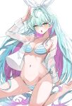  1girl absurdres aqua_hair arm_support artist_request bikini blue_bikini blue_eyes breasts colored_inner_hair commentary_request commission hair_between_eyes highres korean_commentary long_hair looking_at_viewer medium_breasts multicolored_hair navel open_mouth original purple_hair salute second-party_source see-through_clothes see-through_shirt shirt single_off_shoulder sitting solo star-shaped_pupils star_(symbol) stomach striped_bikini striped_clothes swimsuit symbol-shaped_pupils tongue tongue_out white_bikini white_shirt 