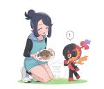  ! 1girl :d black_hair black_shirt black_socks charcadet closed_eyes commentary_request food grass hair_bun hair_ornament hairclip happy holding holding_plate hood hood_down hooded_vest hoodie kneeling liko_(pokemon) nm222 open_mouth plate pokemon pokemon_(anime) pokemon_(creature) pokemon_horizons shirt shoes shorts smile socks spoken_exclamation_mark swept_bangs vest watermark white_background white_shoes white_shorts 