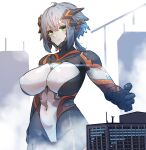  1girl black_bodysuit bodysuit breasts building cameltoe city closed_mouth colossus_(natsukaze_shigure) covered_navel covered_nipples giant giantess green_eyes grey_hair hair_between_eyes headgear hexagon_print highres impossible_bodysuit impossible_clothes large_breasts looking_at_viewer magical_girl medium_hair natsukaze_shigure original personification science_fiction short_hair skin_tight smile solo variant_set 