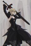 1girl artoria_pendragon_(fate) black_choker black_dress blonde_hair braid breasts choker cleavage clothing_cutout dress excalibur_morgan_(fate) fate/stay_night fate_(series) hair_bun hair_ribbon highres holding long_sleeves looking_at_viewer medium_breasts puffy_sleeves ribbon saber_alter saber_alter_(third_ascension) short_hair sidelocks single_hair_bun solo sword thighhighs weapon yellow_eyes zoekiel_feux3538 
