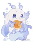  1other blue_eyes chibikemo closed_mouth eating food hashtag-only_commentary highres holding holding_food iwasi_29 lunlun_(nijisanji) nijisanji other_focus pancake simple_background solo twitter_username virtual_youtuber watermark white_background 