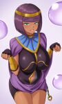  1girl ancient_egyptian black_dress black_thighhighs blunt_bangs bob_cut breasts clothing_cutout commentary cowboy_shot dark-skinned_female dark_skin dress energy_ball fangs_(fangs_art) fingerless_gloves gloves gold_headband gold_trim hands_up highres large_breasts looking_at_viewer menat navel_cutout open_mouth paw_pose purple_hair short_hair simple_background smile solo street_fighter street_fighter_v thighhighs usekh_collar 
