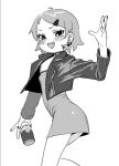  1girl beer_can blush can dress drink_can drunk ear_piercing erika_(kusa_mori) flat_chest greyscale jacket kusamori looking_at_viewer monochrome open_clothes open_jacket open_mouth original piercing short_dress short_hair smile solo 