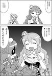  breasts cleavage closed_eyes comic commentary_request greyscale hat kantai_collection large_breasts long_hair mini_hat monochrome multiple_girls open_clothes open_mouth pola_(kantai_collection) translated wasu wavy_hair zara_(kantai_collection) 