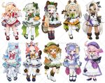  6+girls :d :q ;o ahoge alternate_costume alternate_hairstyle animal_ears apron basket bell black_headband black_shoes blonde_hair blue_dress blue_eyes blue_shoes blush book bottle bow bowtie braid brown_hair cat_ears cat_girl cat_tail closed_mouth commentary_request cup dark-skinned_female dark_skin diona_(genshin_impact) dori_(genshin_impact) dress duster enmaided flower food frilled_hairband frills genshin_impact glasses gloves gotoh_(nekocat) green_bow green_bowtie green_dress green_eyes green_hair green_hat green_shoes hair_bell hair_bow hair_ornament hairband hand_on_own_hip hat headband holding holding_basket holding_book holding_cup holding_duster holding_flower holding_pastry_bag holding_pointer holding_teapot holding_tray iansan_(genshin_impact) jingle_bell kachina_(genshin_impact) klee_(genshin_impact) leaf_hair_ornament leg_up long_hair maid maid_headdress melusine_(genshin_impact) multicolored_hair multiple_girls nahida_(genshin_impact) nori_(seaweed) omelet omurice one_eye_closed onigiri open_mouth orange_bow orange_dress orange_eyes pastry_bag pink_hair pointer pointy_ears purple_bow purple_dress purple_eyes purple_hair qingxin_flower qiqi_(genshin_impact) red-tinted_eyewear red_bow red_dress red_eyes red_shoes sayu_(genshin_impact) shoes side_ponytail sigewinne_(genshin_impact) smile streaked_hair tail teapot thighhighs tinted_eyewear tongue tongue_out tray twintails twitter_username very_long_hair watermark white_apron white_background white_bow white_flower white_gloves white_hair white_hairband white_shoes white_thighhighs wine_bottle yaoyao_(genshin_impact) yellow_eyes 