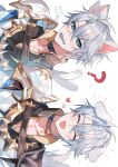  1boy ? animal_ears antenna_hair armor black_choker black_shirt blue_eyes cat_boy cat_ears cat_tail choker coat collarbone commentary dog_boy dog_ears dog_tail highres honkai:_star_rail honkai_(series) male_focus multiple_views parted_bangs pauldrons phainon_(honkai:_star_rail) shirt short_hair shoulder_armor sideways simple_background single_pauldron tail urasozopi white_background white_coat white_hair 