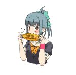  1girl absurdres corn cropped_torso eating grey_hair grey_shirt highres kantai_collection looking_at_viewer neckerchief orange_neckerchief ponytail rockborder sailor_collar school_uniform serafuku shirt simple_background solo upper_body white_background white_sailor_collar wristband yuubari_(kancolle) 
