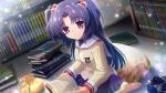  1girl artist_request bag barefoot blue_hair blue_skirt book bookshelf brown_jacket clannad crossover game_cg highres higurashi_no_naku_koro_ni higurashi_no_naku_koro_ni_mei hikarizaka_private_high_school_uniform holding holding_book ichinose_kotomi jacket long_hair long_sleeves looking_at_viewer non-web_source official_art open_book parted_lips pillow purple_eyes school_uniform scissors shoes sitting skirt solo sparkle sphere_hair_ornament unworn_shoes 