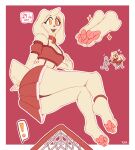 absurd_res anthro bottomwear canid canine clothed clothing duo fangs female female_anthro fur hi_res mammal open_mouth orange_eyes pawpads red_background red_bottomwear red_clothing red_pawpads red_skirt red_topwear rz54 simple_background sketch_page skirt solo tan_body tan_ears tan_fur teeth topwear