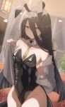  1girl absurdres alternate_costume animal_ears bare_shoulders black_hair blush closed_mouth commentary detached_collar fake_animal_ears flat_chest grey_jacket hair_between_eyes hanma_amnah highleg highleg_leotard highres horse_girl horse_tail jacket leotard long_hair long_hair_between_eyes looking_at_viewer manhattan_cafe_(umamusume) necktie nontraditional_playboy_bunny open_clothes open_jacket rabbit_ears short_necktie solo strapless strapless_leotard tail umamusume yellow_eyes yellow_necktie 