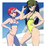  amate_yuzuriha aqua_eyes baseball_cap bikini black_hair blue_sky blurry breasts casual_one-piece_swimsuit cleavage commentary_request covered_navel day depth_of_field feet_out_of_frame green_hat gundam gundam_gquuuuuux hand_on_own_hip hat kani_club long_hair medium_breasts nyaan_(gundam_gquuuuuux) one-piece_swimsuit outdoors ponytail red_hair short_hair sky swimsuit white_bikini yellow_eyes yellow_one-piece_swimsuit 