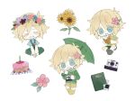  1boy alternate_costume antenna_hair basil_(faraway)_(omori) basil_(omori) birthday_cake blonde_hair blue_eyes blue_shirt blush book boots brown_boots brown_shorts cake camera chibi chibi_only closed_eyes coat collared_shirt flower food green_coat green_overalls green_shirt green_shorts green_umbrella grey_socks hair_flower hair_ornament hanabata0320 head_wreath highres holding holding_book holding_camera holding_umbrella long_sleeves looking_at_viewer male_focus omori open_mouth overalls photo_(object) raincoat shirt short_hair short_sleeves shorts simple_background smile socks solo sunflower t-shirt teeth umbrella upper_teeth_only white_background 