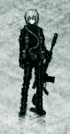  11e10 1girl absurdres ammunition_pouch aqua_theme battle_rifle blizzard boots faux_traditional_media full_body gas_mask gloves gun hair_between_eyes hair_ornament hairclip hashtag-only_commentary highres holding holding_gun holding_weapon ice jacket light_smile looking_at_viewer marie_(peripeteia) mask monochrome outdoors pants peripeteia pouch reflective_floor rifle scar scar_on_face short_hair snow snowing snowstorm solo standing unworn_mask weapon winter winter_clothes 
