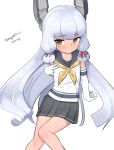  1girl absurdres alternate_breast_size blunt_bangs blunt_tresses brown_eyes cosplay dated elbow_gloves feet_out_of_frame flat_chest gloves grey_hair grey_sailor_collar grey_skirt hair_ribbon headgear highres invisible_chair kantai_collection long_hair maru_(marg0613) murakumo_(kancolle) one-hour_drawing_challenge pleated_skirt ribbon sailor_collar sailor_shirt school_uniform serafuku shirt short_eyebrows simple_background sitting skirt sleeves_rolled_up solo tress_ribbon twitter_username urakaze_(kancolle) urakaze_(kancolle)_(cosplay) white_background white_gloves 