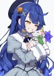  1girl absurdres ahoge amamiya_kokoro bell blue_hair blush commentary_request creature dress flower hair_bell hair_ornament hat highres long_hair lunch_boxer neko_(amamiya_kokoro) nijisanji one_eye_closed smile virtual_youtuber yellow_eyes 