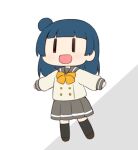  1girl black_eyes blue_hair bow bowtie buttons chibi grey_sailor_collar grey_skirt hair_bun loafers long_hair long_sleeves love_live! love_live!_sunshine!! miyako_hito necktie pleated_skirt sailor_collar school_uniform serafuku shoes simple_background skirt socks solo tsushima_yoshiko uranohoshi_school_uniform white_background winter_uniform yellow_bow yellow_bowtie yellow_necktie 