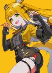  1girl absurdres animal_ears black_gloves claw_pose collared_shirt colored_inner_hair cowboy_shot elbow_gloves fingerless_gloves gloves green_eyes grey_shirt high-waist_shorts highres jacket ju_fufu kurenairan77 long_hair multicolored_hair orange_fur shirt shorts smile striped_fur tail thigh_strap tiger_ears tiger_girl tiger_stripes tiger_tail yellow_background yellow_jacket zenless_zone_zero 