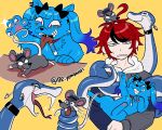  1girl 3boys ahoge amemiya_darumi animal animal_on_head animalization black_bow black_choker black_streaks blue_eyes blue_hair blue_hat blue_jacket bow cat choker claws collar crying crying_with_eyes_open earrings eye_print fangs furukawa_(yomawari) grey_jacket hair_bow half-closed_eyes hat heart highres holding holding_animal holding_cat hood hoodie jacket jewelry makeup maruko_gaku mouse_(animal) multicolored_hair multicolored_jacket multiple_boys multiple_views omokage_yugamu on_head pawpads pink_eyes print_eyepatch red_collar red_hair runny_makeup safety_pin short_hair snake snake_wrapped_around_body streaked_hair sumino_takumi sweatdrop tears the_hundred_line_-last_defense_academy- tongue tongue_out twitter_username two-tone_jacket white_hoodie yellow_background 