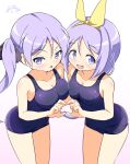  2girls asymmetrical_docking blue_one-piece_swimsuit breast_press breasts heart heart_hands heart_hands_duo highres hiiragi_kagami hiiragi_tsukasa inakami leaning_forward lucky_star medium_breasts multiple_girls old_school_swimsuit one-piece_swimsuit purple_eyes purple_hair school_swimsuit short_hair siblings simple_background sisters standing swimsuit twins twintails white_background 