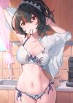  1girl absurdres black_hair bra breasts english_commentary gueya hair_tie_in_mouth highres kitchen lace-trimmed_panties lace_trim large_breasts light_blush long_hair looking_at_viewer mouth_hold multicolored_hair navel panties ponytail red_eyes red_hair shirt side-tie_panties solo streaked_hair tying_hair underwear underwear_only white_bra white_panties white_shirt zenless_zone_zero zhu_yuan 