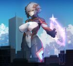  1girl absurdres artist_name black_bodysuit blue_sky bodysuit breasts building cameltoe city closed_mouth cloud colossus_(natsukaze_shigure) covered_navel covered_nipples day giant giantess green_eyes grey_hair hair_between_eyes headgear hexagon_print highres impossible_bodysuit impossible_clothes large_breasts magic_circle magical_girl natsukaze_shigure original outdoors science_fiction short_hair skin_tight sky skyscraper solo standing variant_set 