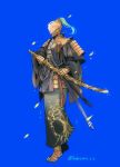  1boy armor blue_background covered_eyes elden_ring elden_ring_nightreign executor_(elden_ring) falling_leaves full_body helmet helmet_over_eyes highres holding holding_sword holding_weapon japanese_clothes katana leaf multiple_swords scabbard sheath solo standing sword twitter_username weapon ya_ya_(jiling651) yellow_leaves 