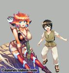  1girl :d artist_name bare_shoulders boots bow_(weapon) breasts brown_footwear cleavage collarbone commentary_request copyright_name grey_background ishibashi_yosuke karen_(spirit_migration) kou_(spirit_migration) large_breasts looking_at_viewer mismatched_sleeves official_art open_mouth quiver red_legwear sash short_hair short_sleeves sitting smile spirit_migration thighhighs tunic weapon zettai_ryouiki 