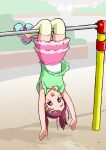  1girl :d arms_up bare_arms blue_shoes blush commentary_request day dot_nose green_shirt highres horizontal_bar hugtto!_precure looking_at_viewer medium_hair nono_kotori outdoors pink_skirt precure red_eyes red_hair shirt shoes short_sleeves skirt smile solo thighhighs upside-down white_shirt yakizakana_(yakizakana10967) yellow_thighhighs zettai_ryouiki 