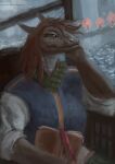anthro book brown_hair city city_background clothed clothing digital_media_(artwork) female fur furred_scalie green_eyes hair half-length_portrait hi_res hilachev kronte looking_at_viewer portrait scalie scarf shirt solo tan_body tan_fur tavi_(maaarked_one) topwear