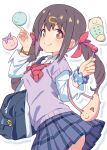  1girl absurdres bag blue_scrunchie blue_skirt blush bow bowtie brown_eyes brown_hair candy closed_mouth collared_shirt commentary_request cowboy_shot drop_shadow food hair_ornament hairclip highres holding holding_candy holding_food holding_lollipop lollipop long_hair long_sleeves looking_at_viewer low_twintails multicolored_hair onii-chan_wa_oshimai! outline oyama_mihari pink_hair plaid_clothes plaid_skirt pleated_skirt polka_dot polka_dot_scrunchie purple_sweater_vest red_bow red_bowtie school_bag school_uniform scrunchie shiina_excel shirt shoulder_bag simple_background skirt smile solo striped_bow striped_bowtie striped_clothes sweater_vest twintails two-tone_hair white_background white_outline white_shirt wrist_scrunchie 