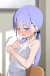  1girl blush breasts camisole chair covered_nipples embarrassed full-face_blush hair_ornament hayakawa_sena_(pei_iriya) highres indoors on_chair open_mouth original pei_iriya purple_eyes purple_hair sitting small_breasts solo twintails white_camisole 