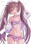  1girl absurdres bikini brown_hair dark-skinned_female dark_skin fang frilled_bikini frills front-tie_bikini_top front-tie_top hat highres hizaka jacket kantai_collection libeccio_(kancolle) long_hair looking_at_viewer mini_hat one_eye_closed open_clothes open_jacket pink_bikini red_eyes simple_background skin_fang smile solo swimsuit twintails white_background white_jacket 