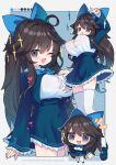  1girl :d ;d ahoge arm_up barcode blue_background blue_bow blue_bowtie blue_jacket blue_skirt blush border bow bowtie breasts brown_hair chibi chibi_inset color_guide commentary commission fang frilled_skirt frilled_sleeves frills hair_bow jacket kerberos_blade large_breasts long_hair long_sleeves looking_at_viewer multiple_views nekoyashiki_chimaki notice_lines one_eye_closed open_mouth outline outside_border purple_eyes saebashi shirt skeb_commission skin_fang skirt smile sparkle thighhighs v watermark white_border white_outline white_shirt white_thighhighs zettai_ryouiki 