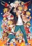  1boy absurdres aged_up amanogawa_ryuusei aqua_pants aqua_shorts arm_up arms_up backpack bag bald bell_pepper belt belt_buckle belt_pouch bicorne black_jacket blonde_hair blowing_kiss blue_jacket book bow bowtie briefcase broccoli brown_belt brown_eyes brown_hair buckle candy child chocolate chocolate_bar clenched_hand closed_eyes closed_mouth collared_jacket collared_shirt commentary_request cosplay crossdressing crossdressing_(mtf) crying domino_mask dress epaulettes eye_mask fire flexing food fur-trimmed_jacket fur_trim green_bell_pepper grin hair_between_eyes hat heart hercules_beetle highres holding holding_chocolate holding_food holding_paper instrument jacket jewelry jinzou_konchuu_kabutoborg_vxv kuroda_(kuro_yyy) lipstick looking_at_viewer makeup male_focus mask multicolored_hair multiple_views muscular muscular_male music necklace office_lady one_eye_closed open_mouth orange_dress orange_hat orange_jacket pants pantyhose paper pearl_necklace playing_guitar playing_instrument pointing pouch puckered_lips red_bow red_jacket red_lips red_shoes red_tank_top santa_costume santa_hat school_briefcase shaded_face shirt shoes short_hair shorts smile sneakers standing star_(symbol) suit tachometer tan tank_top tears tomato tomcat_red_beetle_(kabutoborg) toy toy_car two-tone_hair v venezian venezian_(cosplay) white_shirt wristband 