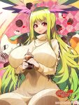  1girl :p ahoge blonde_hair breasts candy cat chocolate chocolate_syrup curvy dress food gem gradient_hair green_hair hair_between_eyes hair_intakes happy_valentine heart heart-shaped_chocolate heart-shaped_food highres huge_breasts jewelry light_particles milkshake multicolored_hair necklace original pixiv_id plaid_background red_eyes ribbed_sweater sitting sparkle sweater sweater_dress tongue tongue_out umigarasu_(kitsune1963) valentine whipped_cream white_chocolate white_dress white_gemstone 