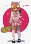  1girl aggressive_retsuko amituoquian artist_request asymmetrical_legwear black_shoes blush bow check_artist english_text frown full_body furry furry_female hair_bow highres holding holding_microphone looking_at_viewer mary_janes medium_hair microphone mismatched_legwear pink_background plaid_bow plaid_clothes plaid_skirt retsuko shoes skirt speech_bubble stading tali 