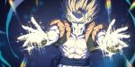  1boy abs absurdres black_vest blonde_hair blue_background blue_sash cropped_vest dragon_ball dragon_ball_z glitter gogeta green_eyes highres horang4628 medium_hair metamoran_vest muscular muscular_male open_clothes open_vest sash simple_background solo spiked_hair vest 