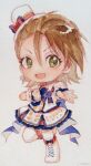  1girl badge boots brown_hair dress earrings hat highres idolmaster idolmaster_cinderella_girls jewelry kimura_natsuki multicolored_dress open_mouth rerain short_hair 