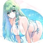  1girl absurdres alternate_costume bikini blue_bikini blue_hair breasts cleavage closed_mouth collarbone commentary_request frog_hair_ornament gradient_hair green_eyes green_hair hair_ornament hair_tubes halterneck highres huge_breasts kochiya_sanae leaning_forward long_hair looking_at_viewer multicolored_hair side-tie_bikini_bottom single_hair_tube smile snake_hair_ornament solo string_bikini swimsuit tomo_(uguisu-tei) touhou very_long_hair 