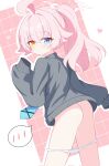  1girl ahoge ass blue_archive blush bottomless closed_mouth corrupted_twitter_file flying_sweatdrops grey_sweater halo heart heterochromia highres hoshino_(blue_archive) long_sleeves necktie panties panty_pull pink_background pink_hair ponytail simple_background sleeves_past_fingers sleeves_past_wrists solo speech_bubble spoken_blush sweater ttriwk underwear white_background white_panties 