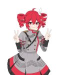  1girl ahoge black_sleeve_cuffs bow buttons drill_hair grey_jacket grey_skirt hair_between_eyes hair_bow hair_ribbon highres jacket kasane_teto kasane_teto_(sv) long_sleeves looking_at_viewer red_eyes red_hair red_trim ribbon shirt shoulder_belt skirt sleeve_cuffs solo striped_clothes striped_skirt synthesizer_v twin_drills user_eutf5787 v vocaloid white_background white_bow white_ribbon 