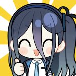  1girl :d ^_^ animated animated_gif aqua_necktie aris_(blue_archive) black_jacket blue_archive blue_hair blue_hairband blue_jacket blush_stickers chibi chunye_haruya closed_eyes collared_shirt disembodied_hand dot_nose facing_viewer hair_between_eyes hairband jacket long_bangs long_hair long_hair_between_eyes lowres multicolored_jacket necktie one_side_up open_clothes open_jacket open_mouth school_uniform second-party_source shirt simple_background smile solo sparkle sunburst sunburst_background thumbs_up transparent_background upper_body white_jacket white_shirt 