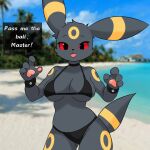 1:1 2025 anthro beach black_body black_eyes bra bracelet breasts cleavage clothed clothing dialogue digital_media_(artwork) eeveelution english_text evaacii fangs female generation_2_pokemon half-length_portrait hi_res jewelry looking_at_viewer mammal master nintendo open_mouth panties pawpads paws pokemon pokemon_(species) portrait red_sclera solo tail teeth text umbreon underwear