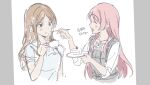  2girls bang_dream! bang_dream!_it&#039;s_mygo!!!!! blue_eyes brown_hair cake chihaya_anon closed_eyes closed_mouth commentary cup dress fang feeding food grey_dress hashtag-only_commentary holding holding_cup korean_text long_hair multiple_girls nagasaki_soyo open_mouth pinafore_dress pink_hair plaid_clothes plaid_dress shirt short_sleeves sidelocks sleeveless sleeveless_dress translation_request white_shirt yaya_(p2ach2y2s) 