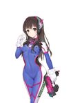  animal_print bangs bodysuit breasts brown_eyes brown_hair bunny bunny_print character_name clothes_writing covered_navel cowboy_shot d.va_(overwatch) facial_mark gloves gun hand_up handgun headphones highres holding holding_gun holding_weapon lamase_(41) long_hair looking_at_viewer overwatch simple_background small_breasts smile solo weapon whisker_markings white_background white_gloves 