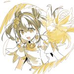  1girl 1other 3_ma_me aged_down bird black_hair chicken double_bun duel_monster earrings hair_bun hairband japanese_clothes jewelry long_hair official_alternate_costume official_alternate_hairstyle ohime_the_manifested_mikanko open_mouth simple_background smile twintails upper_body white_background yellow_eyes yellow_hairband yu-gi-oh! 