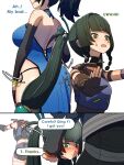  1boy 2girls android armor backless_dress backless_outfit bare_shoulders black_gloves black_hair black_shirt blue_armor blue_dress blue_vest blush braid braided_sidelock breasts bumping disembodied_head dorahdew dress elbow_gloves eyes_out_of_frame fingerless_gloves flat_chest gloves grabbing_another&#039;s_head green_eyes green_hair head_out_of_frame headless highres joints large_breasts long_hair multicolored_hair multiple_girls open_mouth ponytail qingyi_(zenless_zone_zero) red_hair robot_joints shirt side_braids sphere_hair_ornament streaked_hair thighs twintails vest wise_(zenless_zone_zero) zenless_zone_zero zhu_yuan 