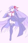 1girl bb_(fate) bb_(fate/extra) black_coat black_skirt black_thighhighs breasts coat fate/extra fate/extra_ccc fate/grand_order fate_(series) finanshe full_body gloves hair_ribbon highres large_breasts leotard long_hair long_sleeves neck_ribbon purple_eyes purple_hair purple_theme red_ribbon ribbon skirt smile thighhighs thighs white_gloves white_leotard 