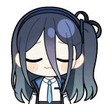  1girl :3 animated animated_gif aqua_necktie aris_(blue_archive) black_jacket blue_archive blue_hair blue_hairband blue_jacket blush_stickers chibi chunye_haruya closed_eyes closed_mouth collared_shirt dot_nose facing_viewer hair_between_eyes hairband jacket long_bangs long_hair long_hair_between_eyes lowres multicolored_jacket necktie one_side_up open_clothes open_jacket puff_of_air school_uniform second-party_source shirt simple_background smile smug solo transparent_background u_u upper_body white_jacket white_shirt 